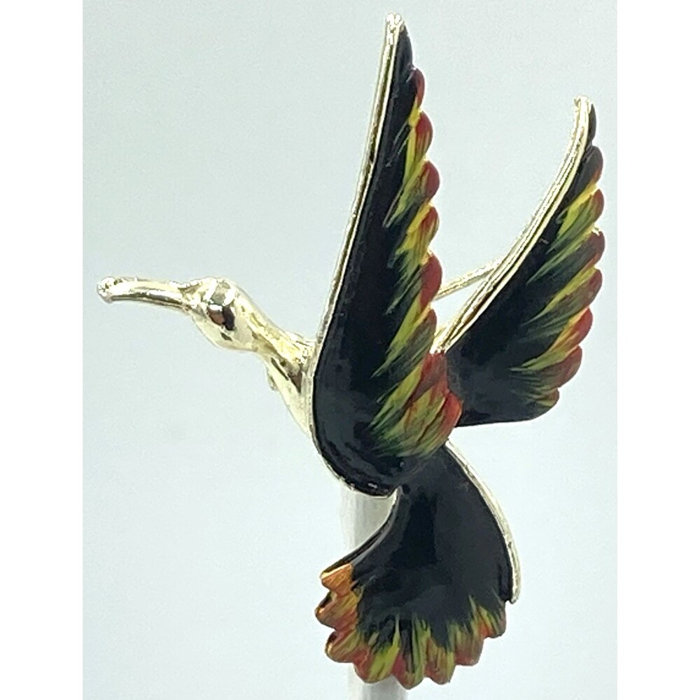 Vintage Gerry's Hummingbird Brooch Black Enamel Gold Tone Red Yellow Signed